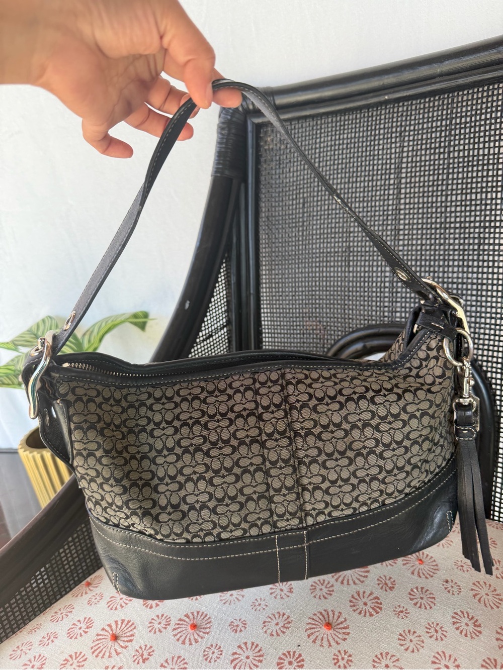 Coach Black Signature Canvas Shoulder Bag with Black Leather Trim